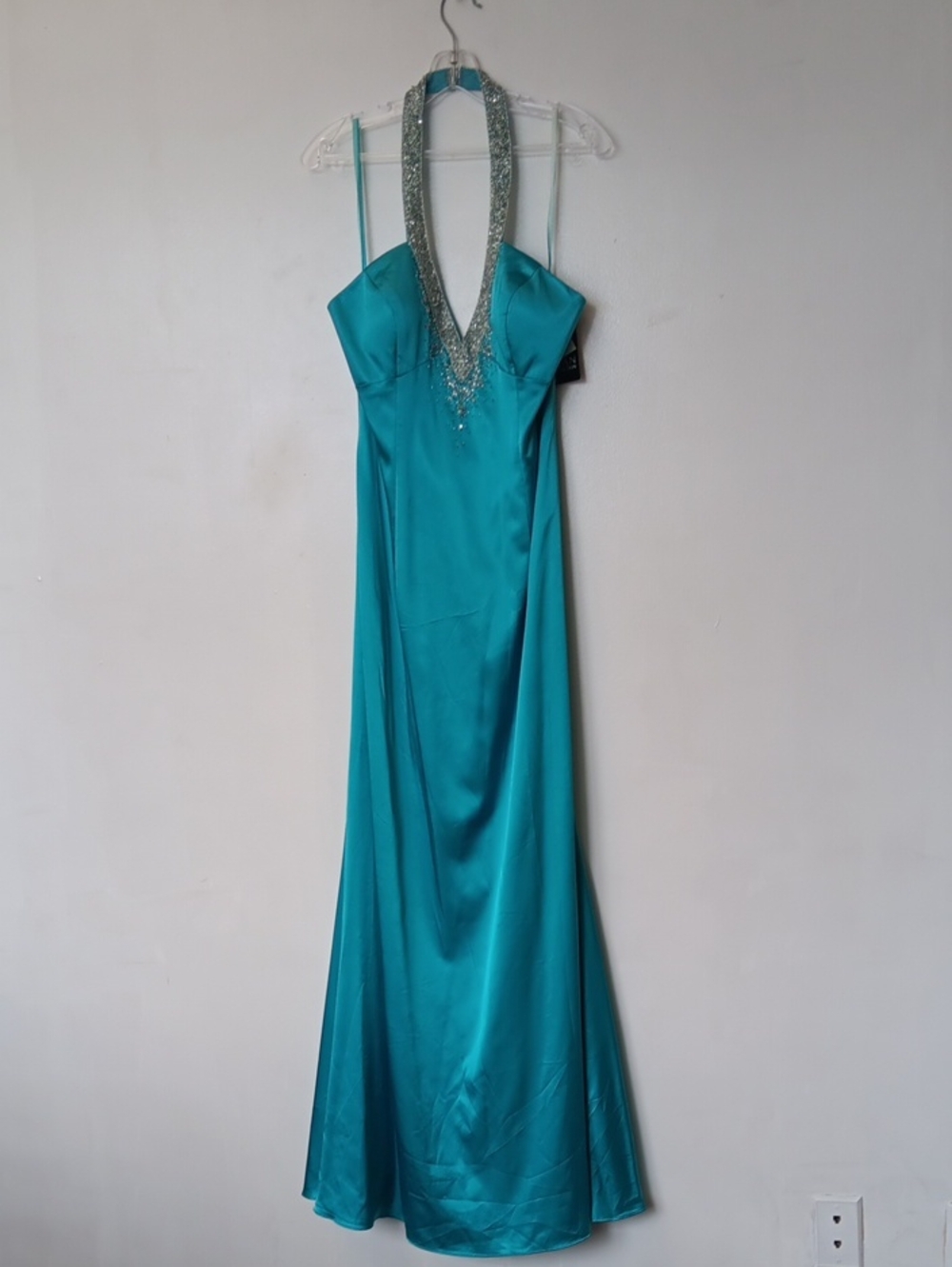 Sean Collection Turquoise Halter Satin Evening Gown with Beaded Neckline